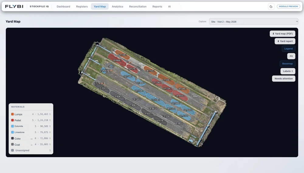 Actual Flybi Stockpile IQ yard interface from the project workspace